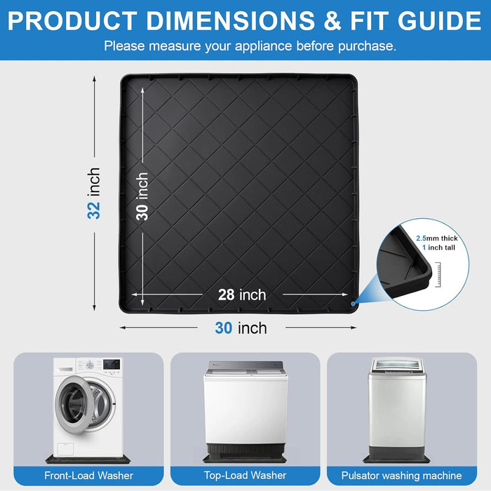 Washing Machine Pan, Drain Pan & Drip Pan, 30"x32" Thickened Silicone Mat with 1" Raised Edge, Non-Slip & Waterproof, Fo