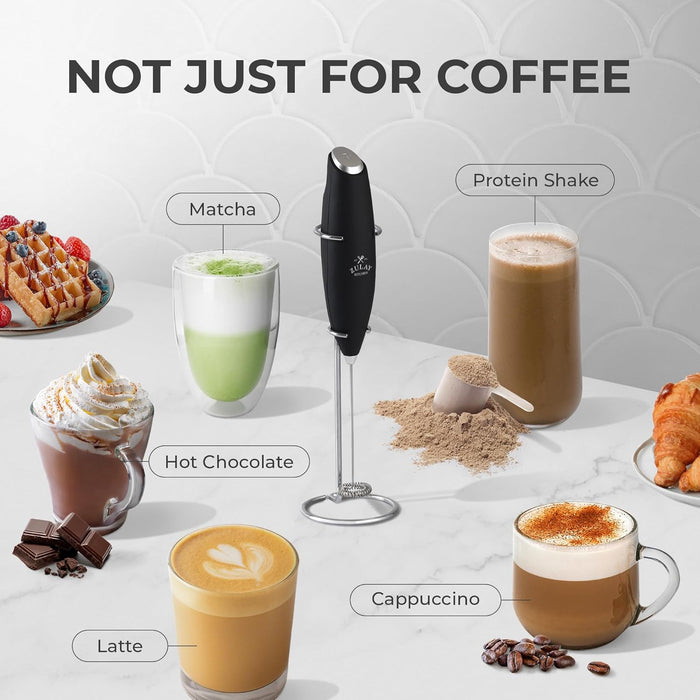 Powerful Milk Frother Wand With Duracell Batteries - Ultra Fast Handheld Drink Mixer - Electric Whisk Foam Maker for Coffee, Lattes, Cappuccino & Matcha - Z1 Motor - Black