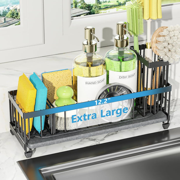Sink Caddy Organizer with Drying Stone, Black Sponge Holder for Kitchen