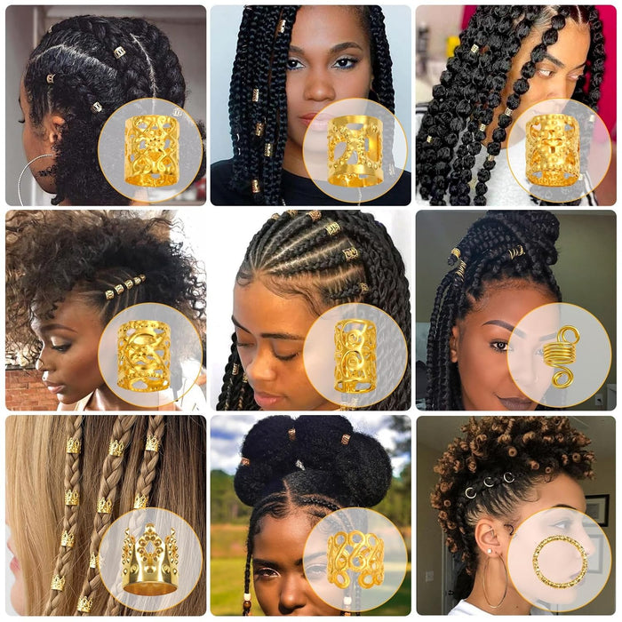220 Pcs Gold Hair Jewelry for Braids, Loc Jewelry for Hair Dreadlock, Loc Charms for Women, Metal Gold Braid Rings Cuffs