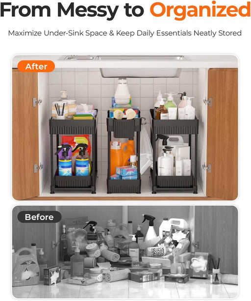 3-Pack 2-Tier Under Sink Organizers with Sliding Drawers