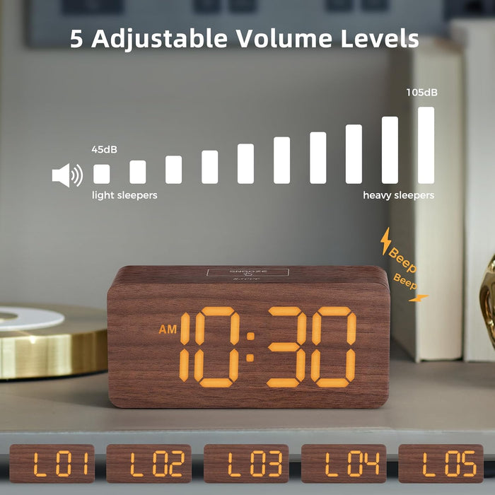 Wooden Digital Alarm Clocks for Bedrooms with 0-100% Dimmable Display