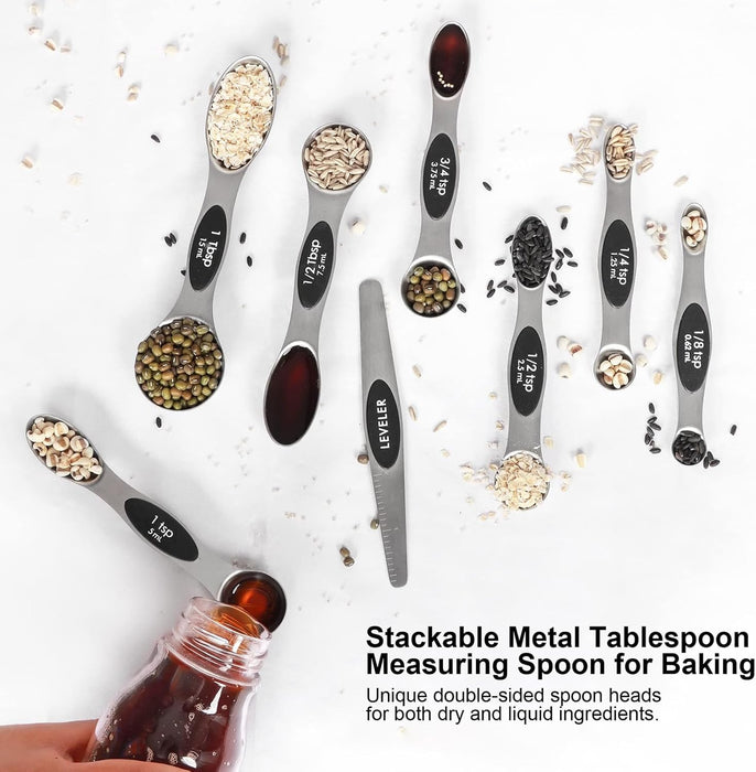 Magnetic Measuring Spoons Set Stainless Steel with Leveler, Stackable Metal Tablespoon Measure Spoon for Baking, Cups an