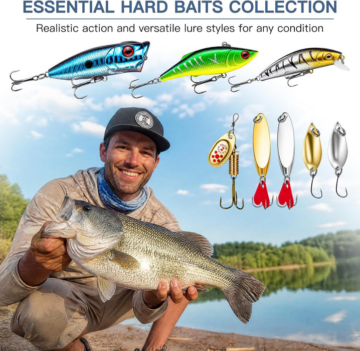 Fishing Lures, Tackle Box with Tackle Included, Crankbaits, Soft Plastic Baits, Hooks, Weights & Fishing Accessories, Freshwater Fishing Gear Kit for Bass, Trout, Walleye & Beginners