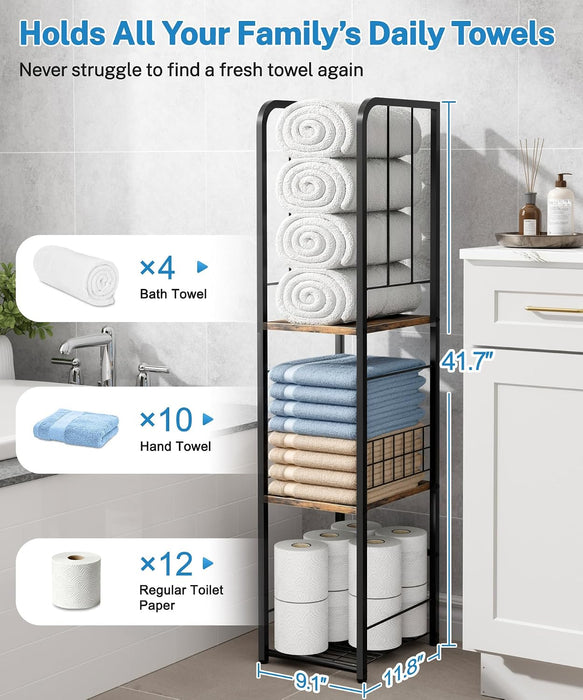 Narrow Towel Storage for Bathroom, 3-Tier Free Standing Bathroom Towel Rack Organizer with Shelf for Small Bath, Pool, B