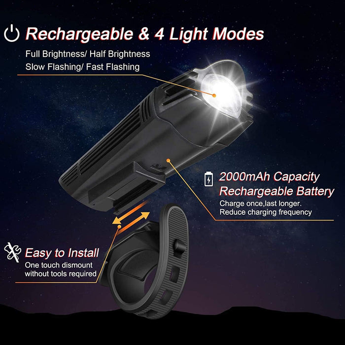 Ultra Bright USB Rechargeable Bike Light Set, Powerful Bicycle Front Headlight and Back Taillight, 4 Light Modes, Easy t