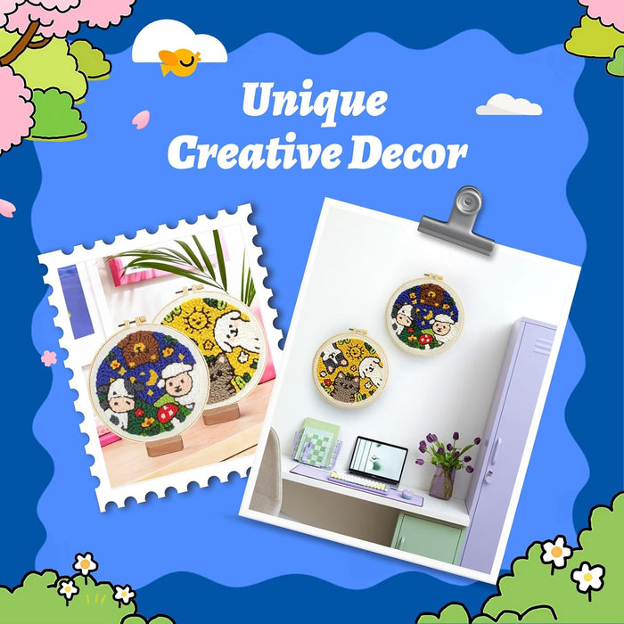 2PCS Punch Needle Decoration Kit,Easy DIY Punch Needle Embroidery Kit for Beginners Adults Including Patterns, Tools, Yarns, Hoop, Instruction, Bracket Art Craft Supplies