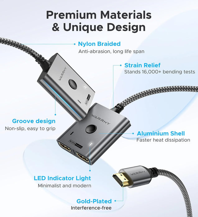 HDMI Switch 2 in 1 Out 4K@60Hz, [with 3.3ft Fixed Braided HDMI Cable, Aluminum Case, 2K@144Hz, HDCP 2.2] Bidirectional 2x1 Switcher Splitter Compatible for PS5/4, Xbox, Roku, FireStick, Switch