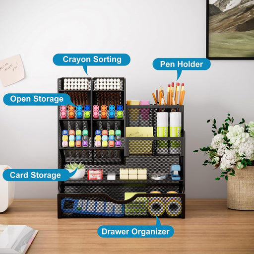 Mesh Pen Holder for Desk, Multi-Functional Pencil Organizer with Drawer, Desk Organizers and Accessories for Office Art 