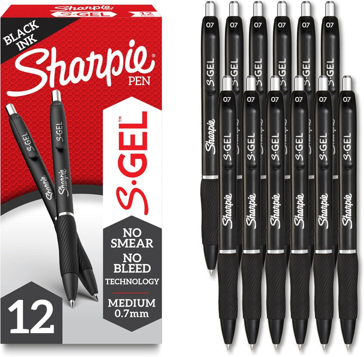 S-Gel Gel Pens, Black Barrel, Medium Point (0.7mm), Black Gel Ink, 12 Count - Home, Office, School, Journaling, Writing, Note-Taking, Teacher Supplies
