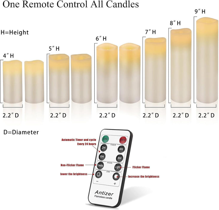 Flameless Candles Led Candles Pack of 9 (H 4" 5" 6" 7" 8" 9" x D 2.2") Real Wax Battery Candles with Remote Timer for Ho