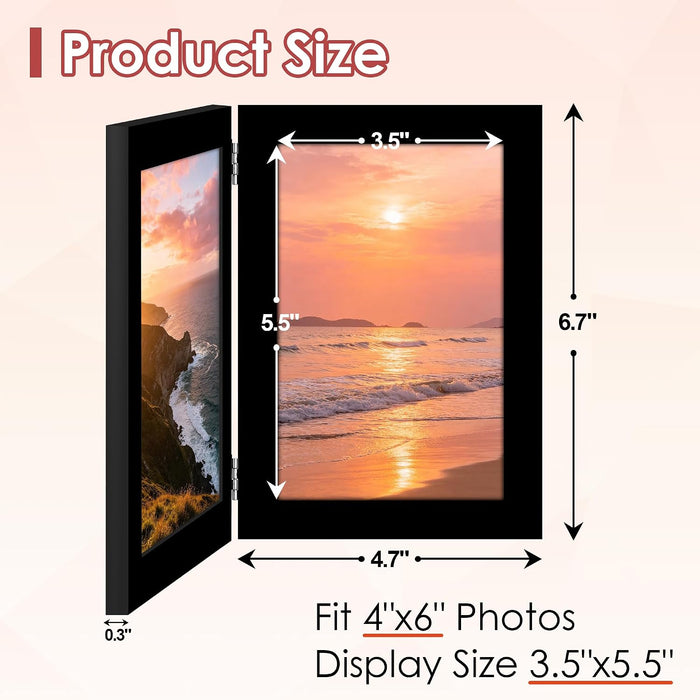 Hinged Double 4x6 Picture Frame, 2-Opening Folding Black Desk Photo Frame with HD Plexiglass, Bifold Frames Tabletop or 