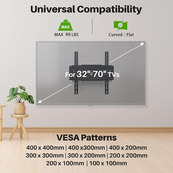 Full Motion TV Wall Mount for Most 32-70 inch TVs up to 99 lbs, Wall Mount Bracket with Dual Articulating Arms, Swivel, Tilt, Max VESA 400x400mm, TV Mount Fits 12”/16” Wood Studs
