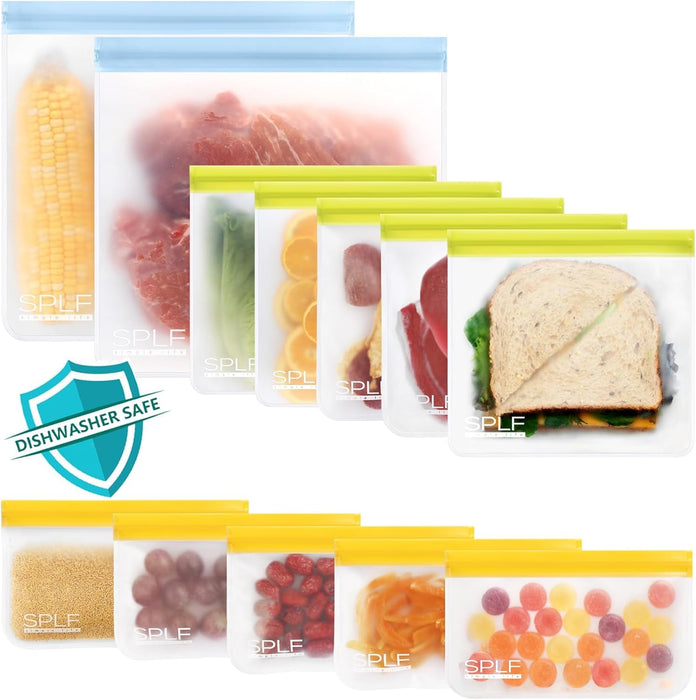 12 Pack Dishwasher Safe Reusable Freezer Bags, Multicolor