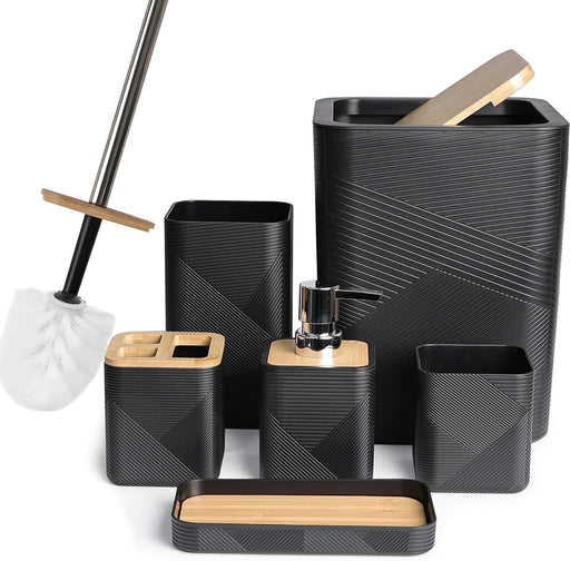 Bamboo Bathroom Accessories Set 6 Piece Square Spiral Set,Black