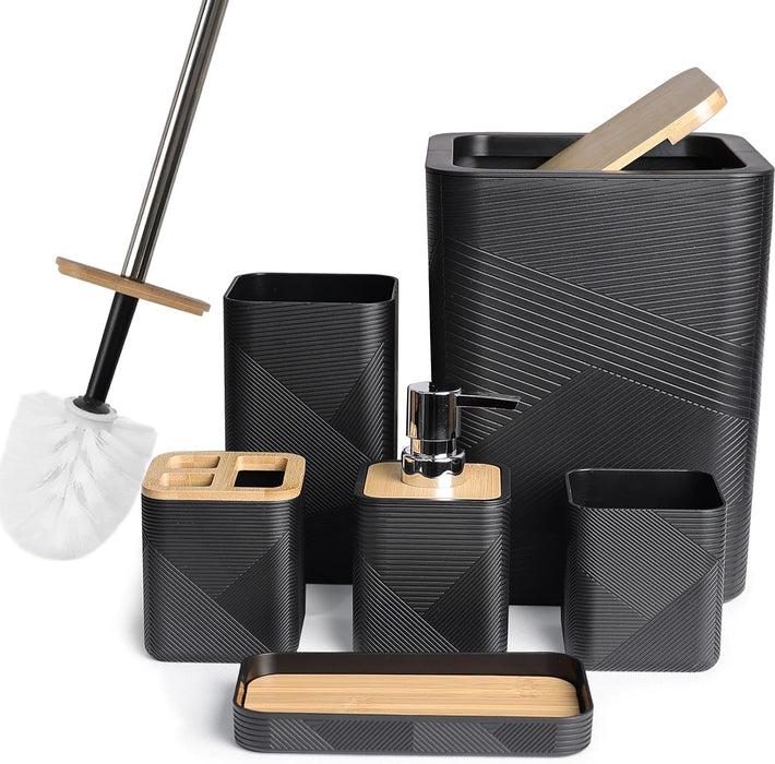 Bamboo Bathroom Accessories Set 6 Piece Square Spiral Set,Black