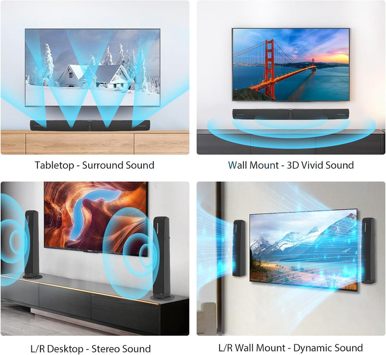 Sound Bar for Smart TV,90W Soundbar with Bluetooth/ARC/Optical/AUX Connect, Auto Volume Boost, 3 Customizable Equalizer Modes, 2 in 1 Detachable Soundbar for TV/PC/Gaming/Projectors