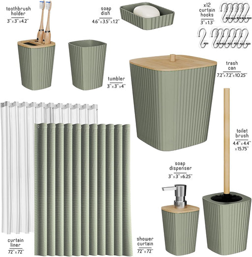 Bathroom Accessories Set - Bathroom Set, Bathroom Accessory Set, Shower Curtain Set, Toilet Brush, Trash Can & Soap Dispenser - Sage Green - 20PC
