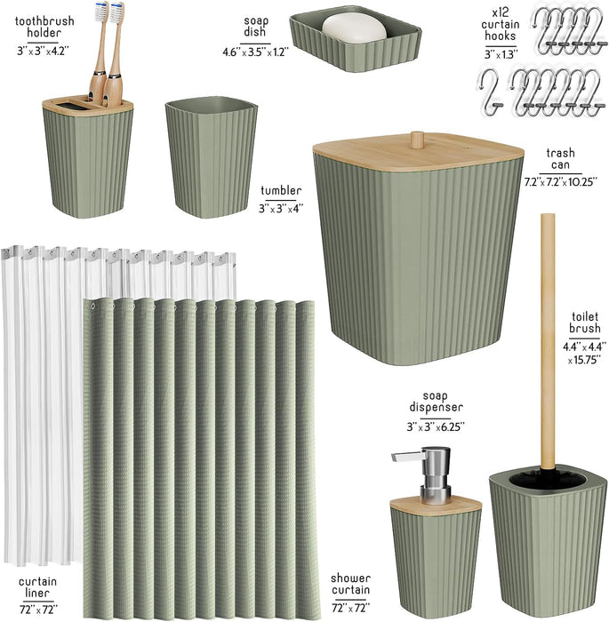 Bathroom Accessories Set - Bathroom Set, Bathroom Accessory Set, Shower Curtain Set, Toilet Brush, Trash Can & Soap Dispenser - Sage Green - 20PC