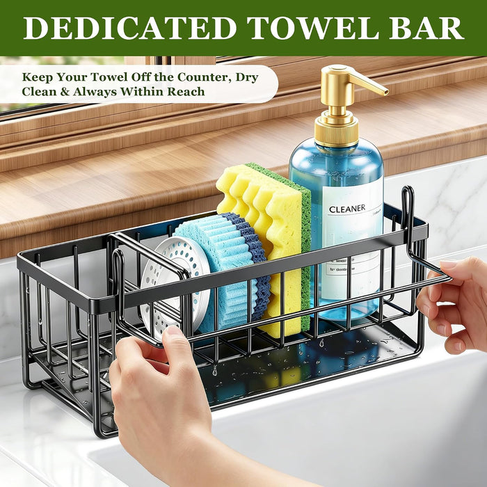Sponge Holder for Kitchen Sink, Kitchen Sink Caddy, Kitchen Sink Sponge Holder, Dish Sponge Holder, Kitchen Sink Organizer for Sponge, Dish Brush, Scrubber(9.65" x 3.74" x 6.3", Black)