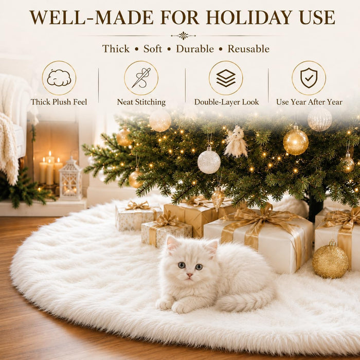 48 Inch White Faux Fur Christmas Tree Skirt, Luxury Plush Tree Base Cover for Holiday Party and Home Christmas Decor