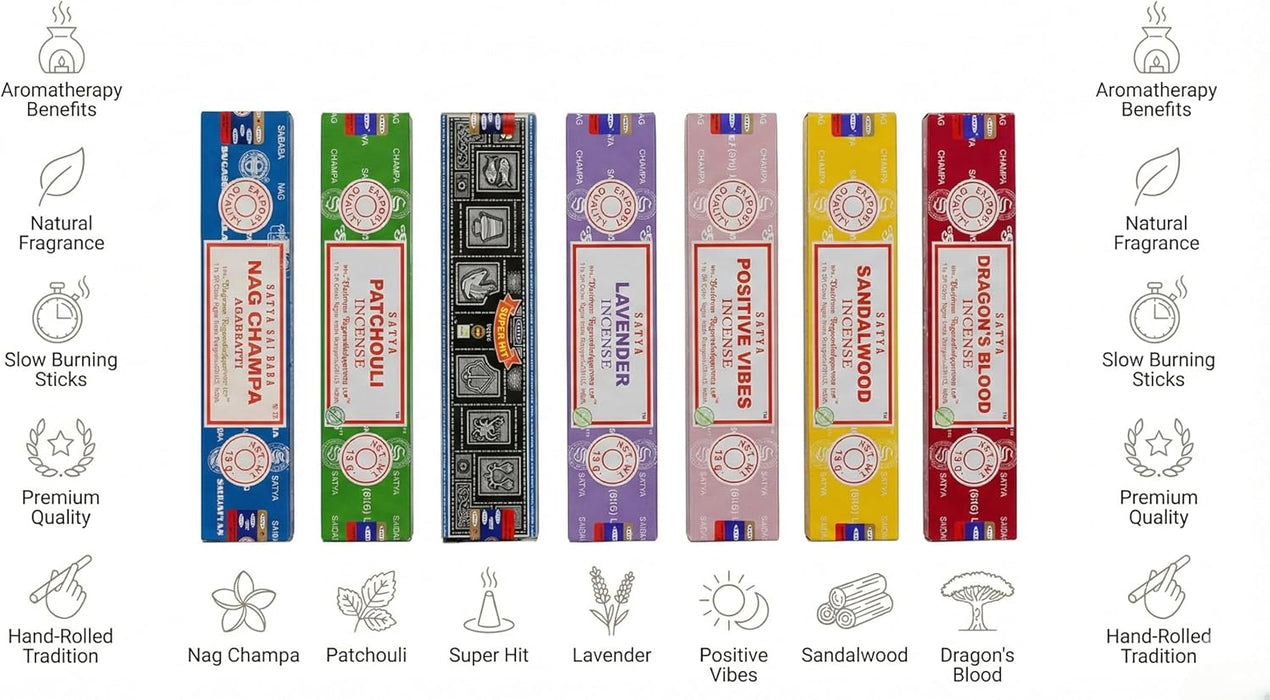 Incense Gift Set Nag Champa, Super hit, Dragon's Blood, Sandalwood, Patchouli, Lavender, Positive Vibes, 15 g