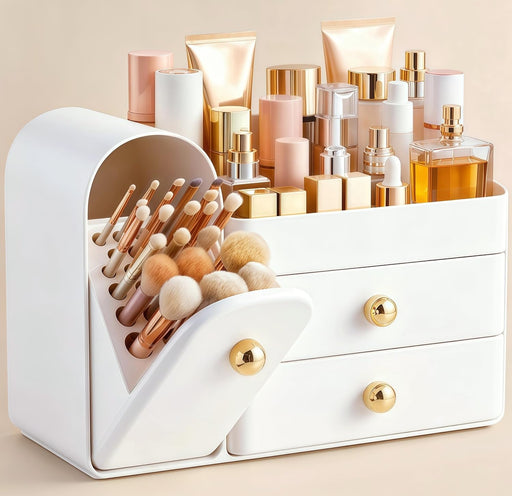 Makeup Organizer Countertop with Drawers, Vanity Organizers with Brush Holder, Bathroom Counter Organizer for Perfume, Nail Polishes, Lipsticks, Skincare and Eyeshadow Palettes, White