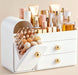 Makeup Organizer Countertop with Drawers, Vanity Organizers with Brush Holder, Bathroom Counter Organizer for Perfume, Nail Polishes, Lipsticks, Skincare and Eyeshadow Palettes, White