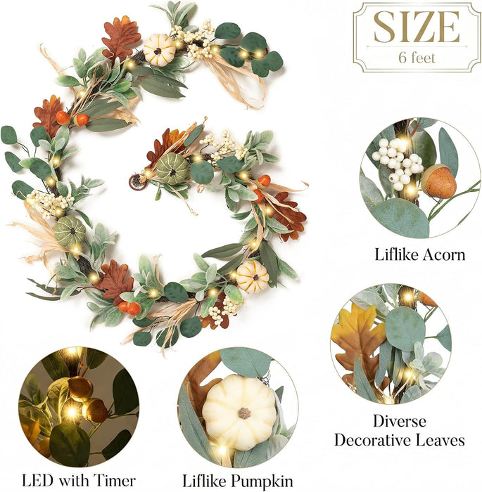 6ft Fall Garland for Mantle with Pumpkins