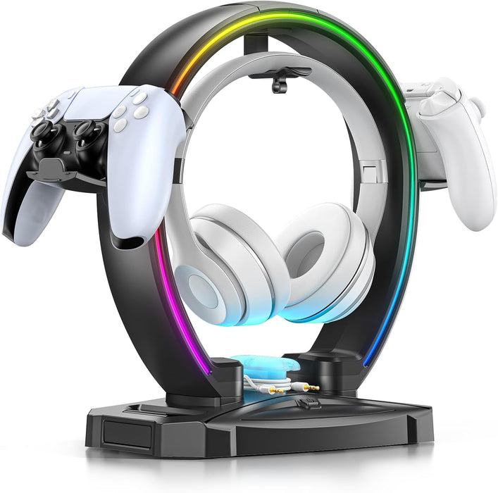 RGB Headphone & Controller Stand with 9 Light Modes - Foldable Controller Hanger for Desk - Earphone Stand with Cable Or