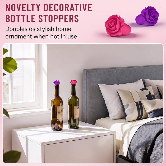 2‑Pack Silicone Wine Stoppers, Rose Shaped Bottle Stoppers