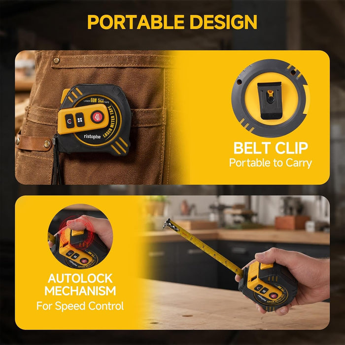 2-in-1 Laser Tape Measure, 197Ft Rechargeable Laser Measuring Tool & 16Ft Measuring Tape with LCD Display - Pythagorean, Area, Volume Digital Tape Measure for Construction & DIY (M/in/Ft)