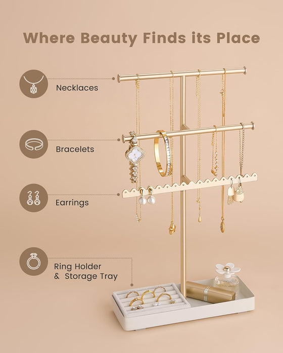 3-Tier Jewelry Organizer Stand, Metal Jewellery Holder, Dresser Display Rack for Necklace Earring Bracelets Rings, Gift 