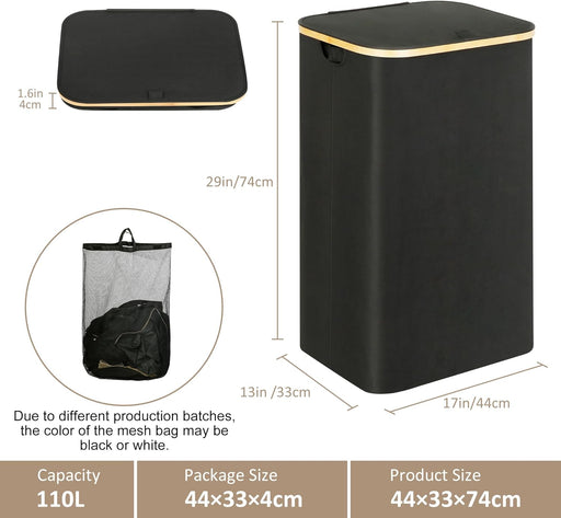 Laundry Hamper with Lid,110L Laundry Basket with Mesh Bags,Black