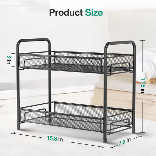 Spice Rack Organizer for Countertop, 2-Tier Foldable Metal Rust-Proof Standing Large Seasoning Storage Shelf with Guardrail and Mesh Design for Kitchen Cabinet Bathroom Living Room Pantry, Black