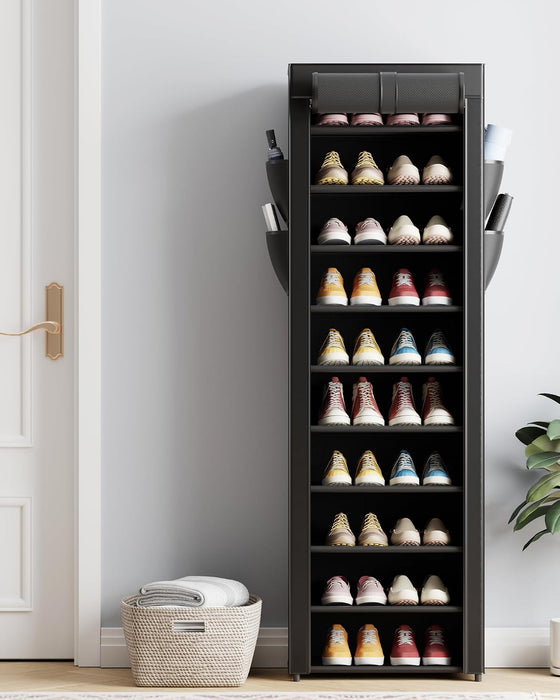 10-Tier Shoe Rack with Cover, Vertical Shelf, 17.5" Wide, Black
