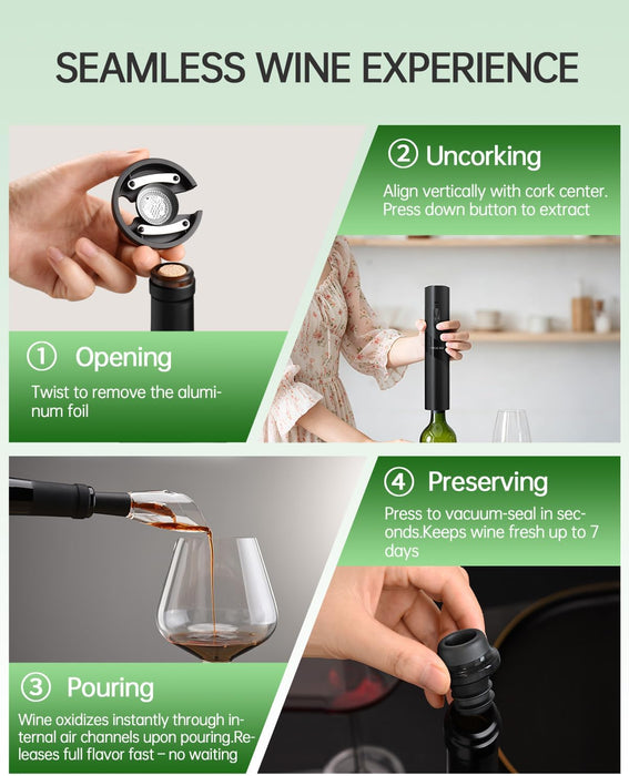 Electric Wine Opener Rechargeable, 7-in-1 Automatic Wine Bottle Opener Gift Set with Electric Vacuum Pump, Foil Cutter, Aerator Pourer, 2 Stoppers & Charging Base, Black