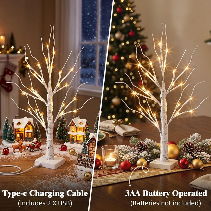 Christmas Decorations, 2FT Birch Tree with LED Lights, Warm White Light up Tree Lamp, Artificial Trees for Home Table In