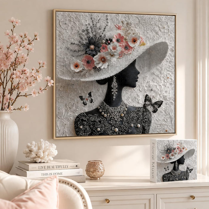 Impossible Puzzles for Adults 1000 Pieces, Floral Muse Puzzle Elegant Lady,Beauty Flower Woman Puzzle Black and White Pearl,Hard Challenge Jigsaw Puzzles Aesthetic