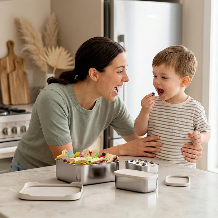 Stainless Steel Lunch Box, Sandwich & 2 Snack Containers, White