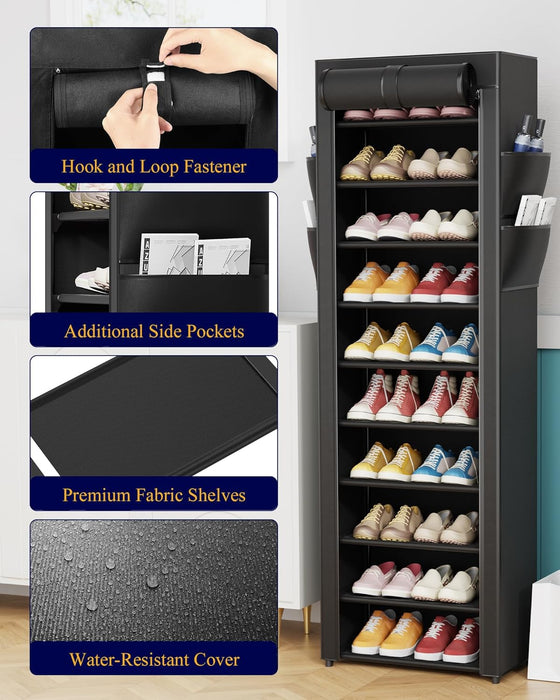 10-Tier Shoe Rack with Cover, Vertical Shelf, 17.5" Wide, Black