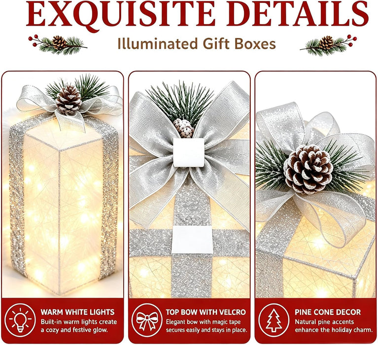 Set of 4 Christmas Lighted Gift Boxes, Battery Operated Xmas Decor