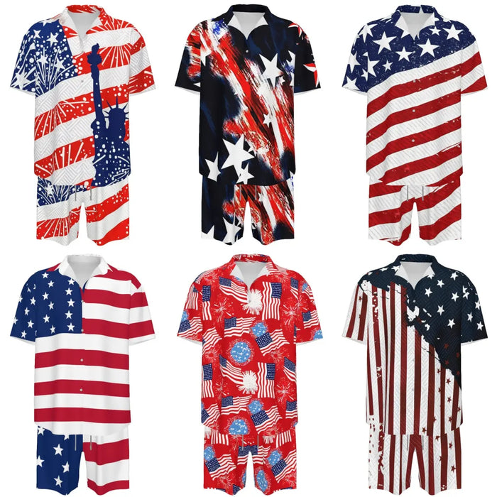 Men'S Fashion 2-Piece Matching Shortsleeve Collared Neck Tropical Set - Casual Stylish Flag Pattern Shirt & Bottoms, Loose Fit, plus Size Hawaiian Patriotic Streetwear for 4Th of July