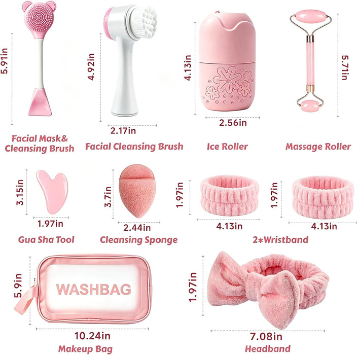 Skincare Tools Set with Face Cleansing Brush, Ice Face Roller & Gua Sha Set