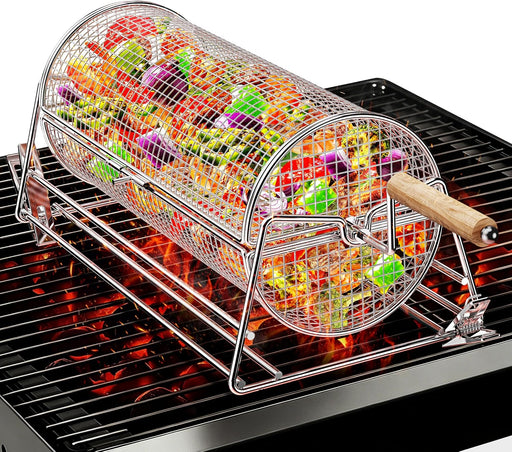2-in-1 Rolling Grill Basket 304 Stainless Steel Rotatable with Dual Handles