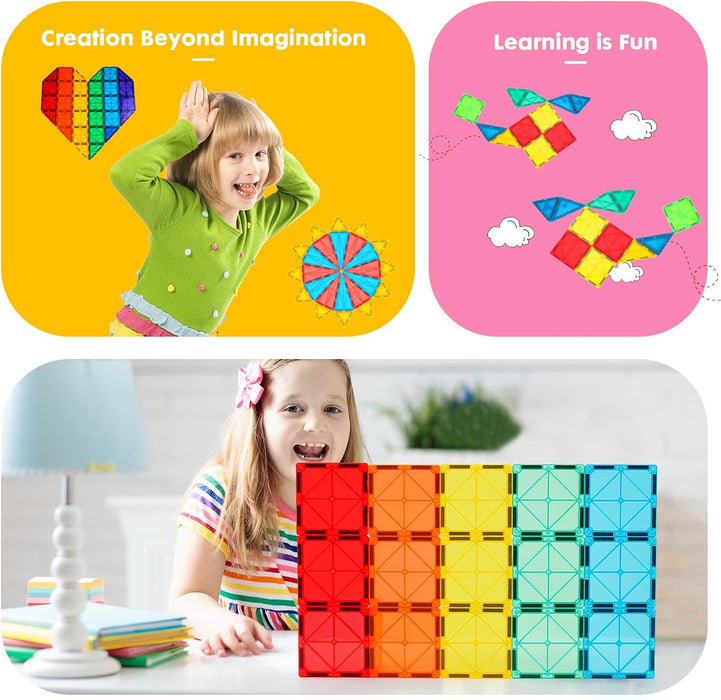 100 PCS Magnetic Tiles with 2 Cars, Magnet Stacking Blocks Kids
