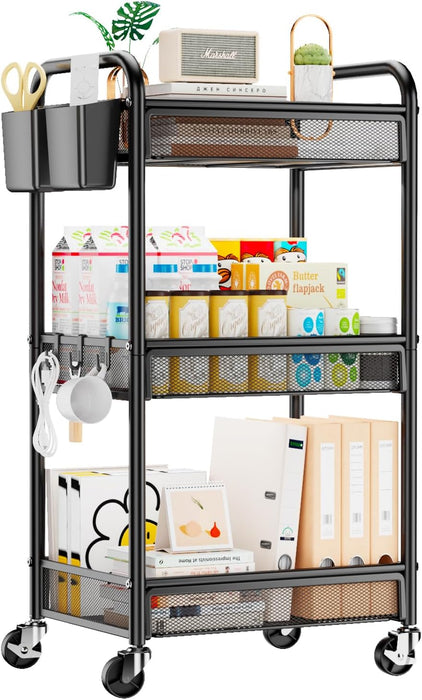 3 Tier Metal Rolling Cart, Black Utility Storage Cart with Wheels