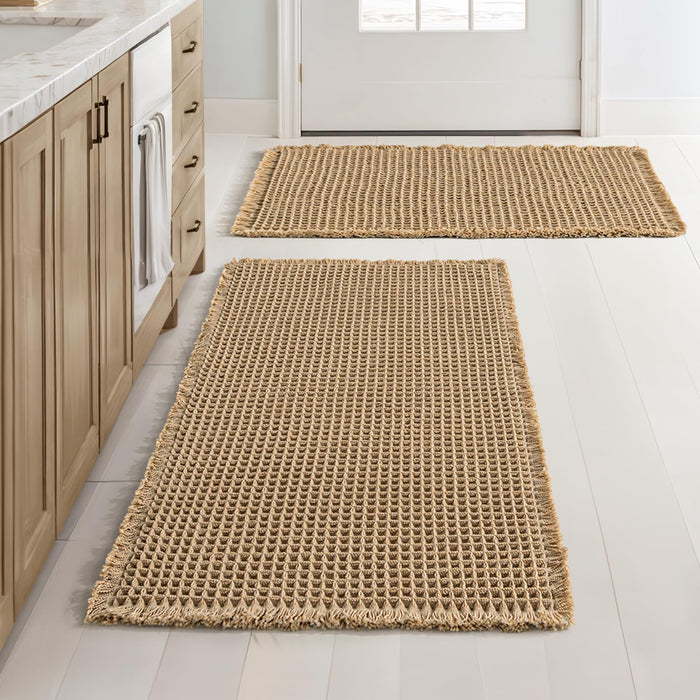 Set of 2 Waffle Bathroom Rugs Boho Bath Mat Brown 18x30 Inch