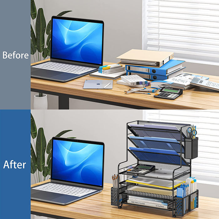 7 Tier Desk File Organizer, Letter Tray Paper Organizer with Pen Holder and Metal Hanging Basket, Black