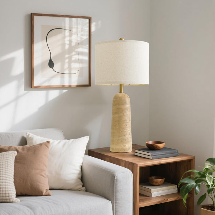 Modern Table Lamp Set of 2, Warm Beige Resin Lamp with Natural Stone Look, 27.25" Lamps for Living Room with Linen Shade